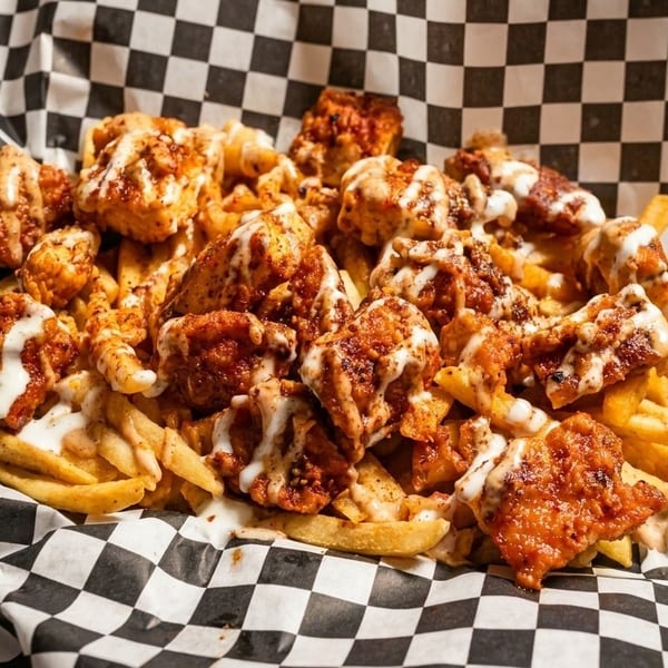 Crispy chicken bites and golden fries drizzled with white sauce, served in checkered paper.