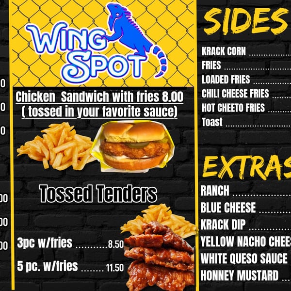 Wing Spot menu with images of chicken sandwiches, fries, tenders, and dipping sauces.