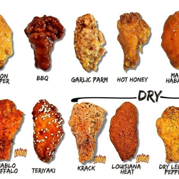 A variety of chicken wings with different sauces and dry rubs, including Buffalo, BBQ, Teriyaki, and Ranch.