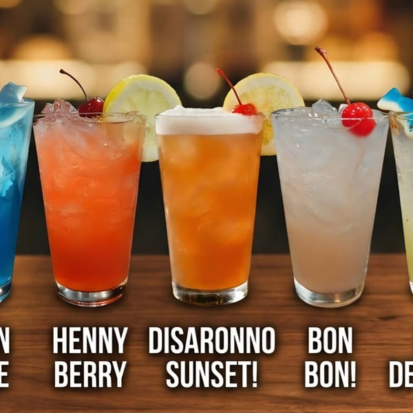 Five colorful cocktails with garnishes, including a blue drink with gummy sharks, on a wooden bar.