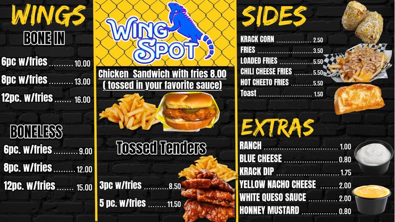 Wing Spot menu featuring chicken wings, sandwiches, tenders, fries, and various sauces.