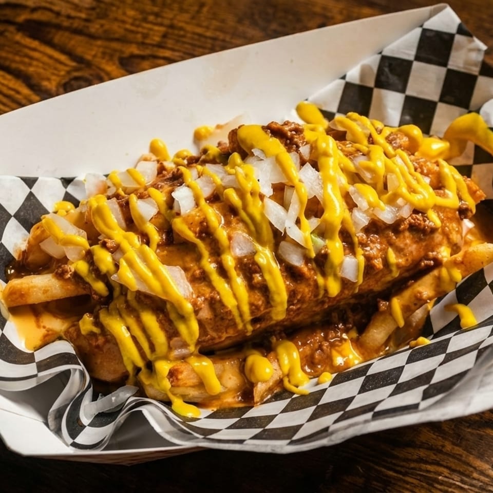 Chili cheese fries with diced onions and mustard in a checkered paper tray on a wooden table.